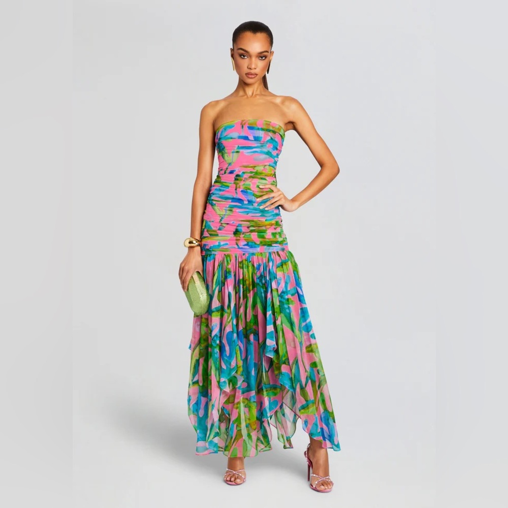 Retrofete Teryn Silk Chifon Dress Jade Tropical Leaf Maxi Strapless Small